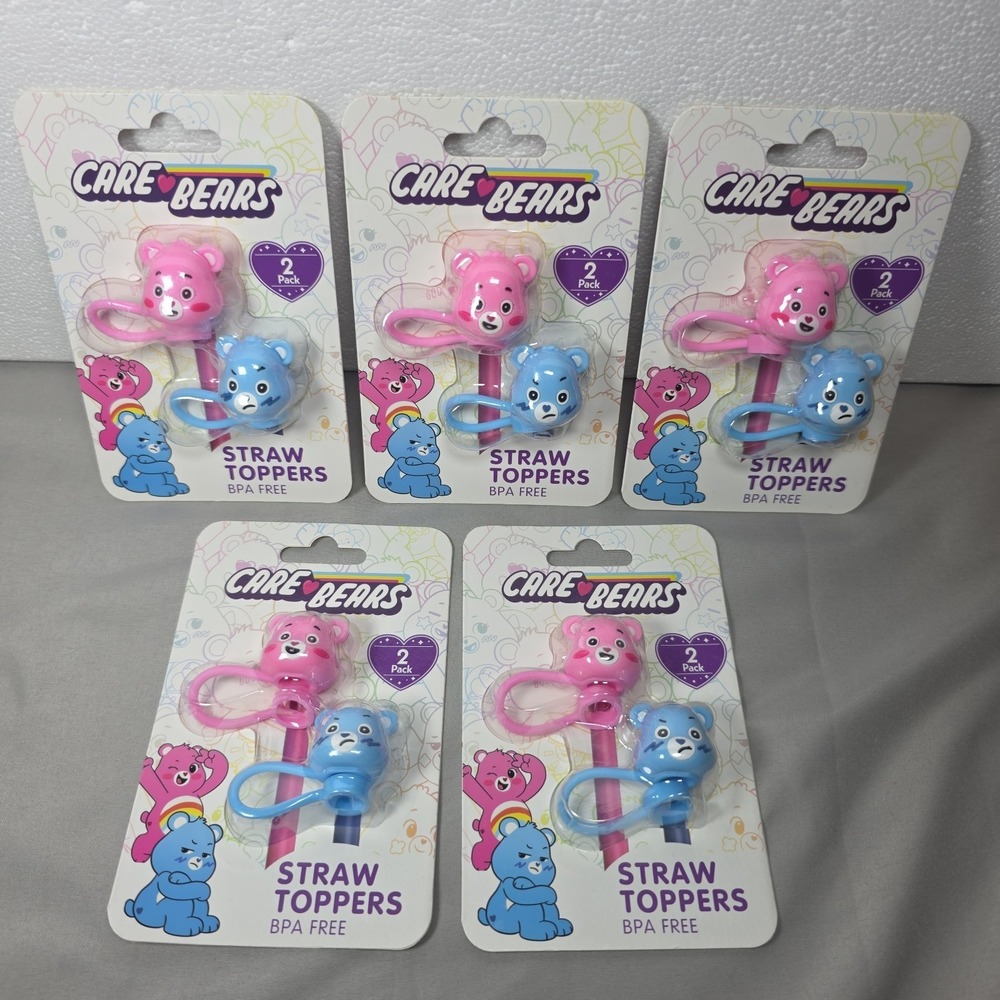 Care Bear Straw Toppers Pink Blue BPA Free 5 packs